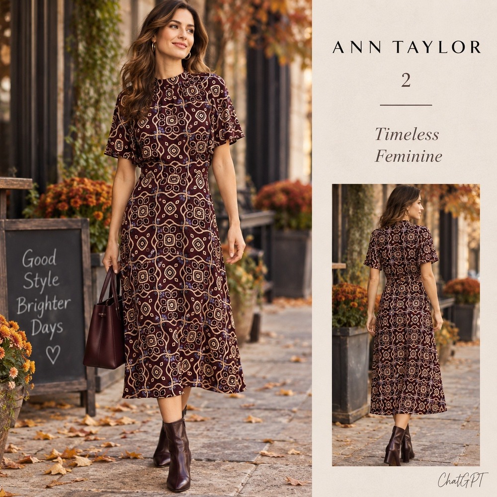 Ann Taylor Midi Dress Womens 2 Burgundy Geometric Mock Neck Flutter A-Line